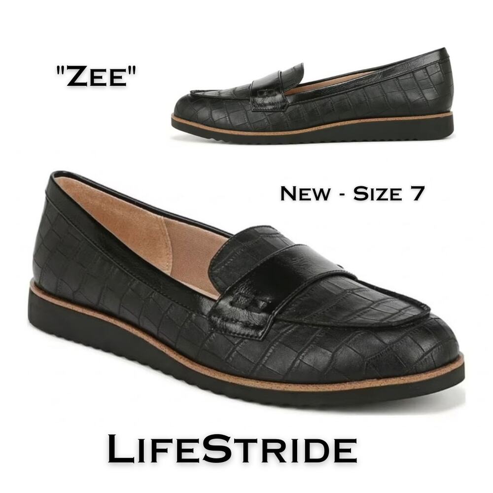 LifeStride Zee Croc Embossed Loafers 7M Dark Brown Comfort Slip On Preppy NEW